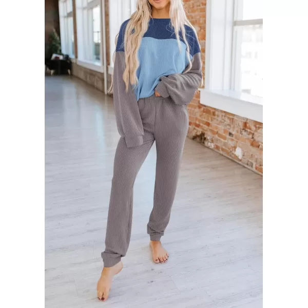 PRETTYGARDEN Lounge Sets for Women Fall 2024 Matching Sets 2 Piece Outfit Long Sleeve Ribbed Color Block SweatsuitsBlue Grey