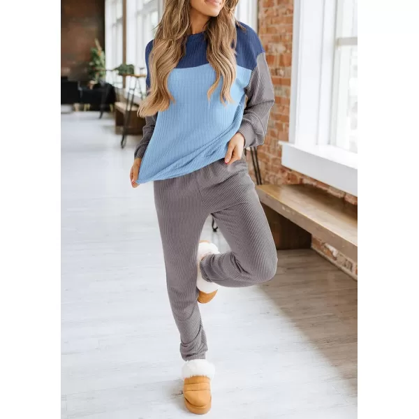 PRETTYGARDEN Lounge Sets for Women Fall 2024 Matching Sets 2 Piece Outfit Long Sleeve Ribbed Color Block SweatsuitsBlue Grey