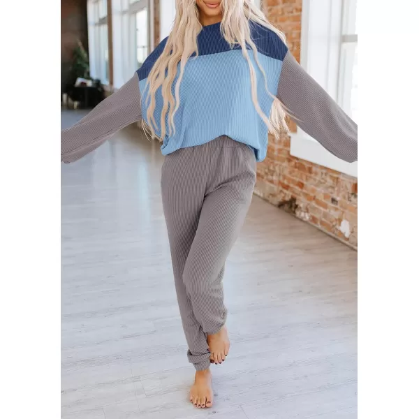 PRETTYGARDEN Lounge Sets for Women Fall 2024 Matching Sets 2 Piece Outfit Long Sleeve Ribbed Color Block SweatsuitsBlue Grey