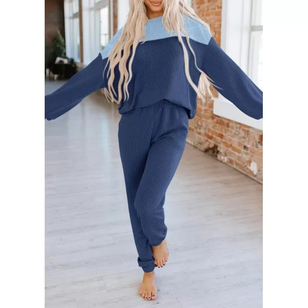PRETTYGARDEN Lounge Sets for Women Fall 2024 Matching Sets 2 Piece Outfit Long Sleeve Ribbed Color Block SweatsuitsDark Blue