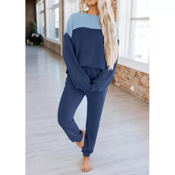 PRETTYGARDEN Lounge Sets for Women Fall 2024 Matching Sets 2 Piece Outfit Long Sleeve Ribbed Color Block SweatsuitsDark Blue