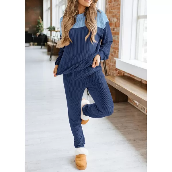 PRETTYGARDEN Lounge Sets for Women Fall 2024 Matching Sets 2 Piece Outfit Long Sleeve Ribbed Color Block SweatsuitsDark Blue