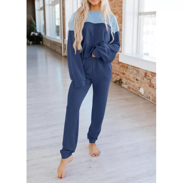 PRETTYGARDEN Lounge Sets for Women Fall 2024 Matching Sets 2 Piece Outfit Long Sleeve Ribbed Color Block SweatsuitsDark Blue