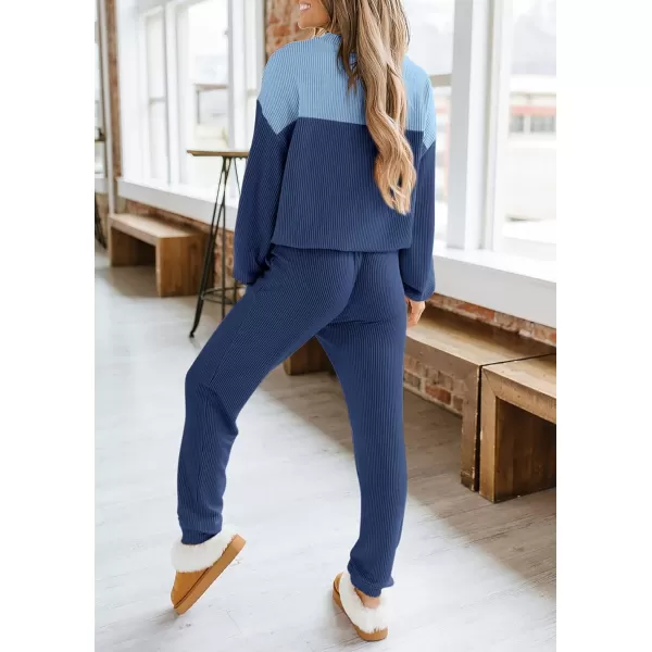 PRETTYGARDEN Lounge Sets for Women Fall 2024 Matching Sets 2 Piece Outfit Long Sleeve Ribbed Color Block SweatsuitsDark Blue