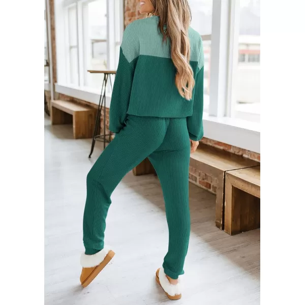 PRETTYGARDEN Lounge Sets for Women Fall 2024 Matching Sets 2 Piece Outfit Long Sleeve Ribbed Color Block SweatsuitsDark Green