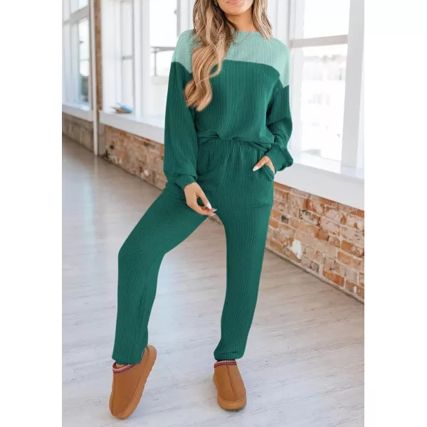 PRETTYGARDEN Lounge Sets for Women Fall 2024 Matching Sets 2 Piece Outfit Long Sleeve Ribbed Color Block SweatsuitsDark Green