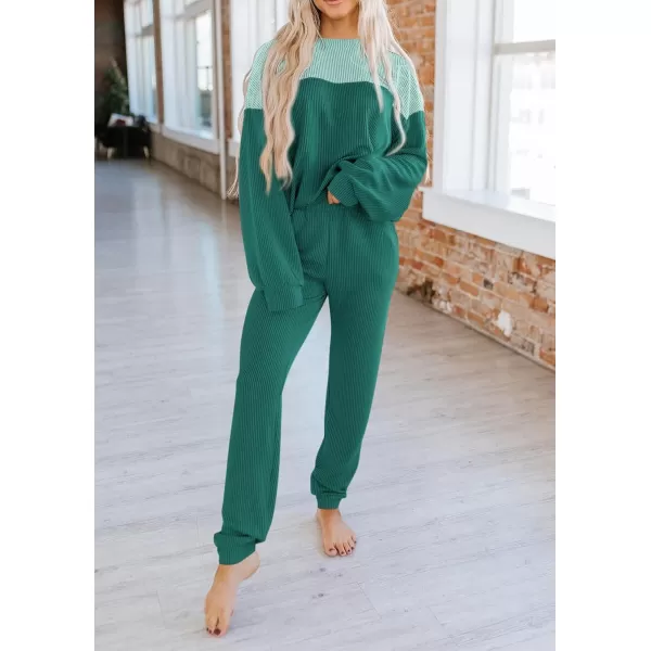 PRETTYGARDEN Lounge Sets for Women Fall 2024 Matching Sets 2 Piece Outfit Long Sleeve Ribbed Color Block SweatsuitsDark Green