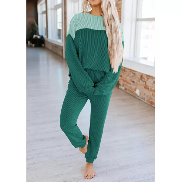 PRETTYGARDEN Lounge Sets for Women Fall 2024 Matching Sets 2 Piece Outfit Long Sleeve Ribbed Color Block SweatsuitsDark Green