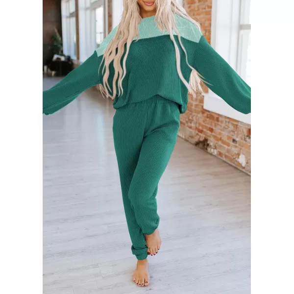 PRETTYGARDEN Lounge Sets for Women Fall 2024 Matching Sets 2 Piece Outfit Long Sleeve Ribbed Color Block SweatsuitsDark Green