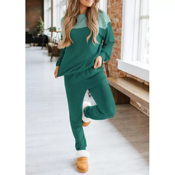 PRETTYGARDEN Lounge Sets for Women Fall 2024 Matching Sets 2 Piece Outfit Long Sleeve Ribbed Color Block SweatsuitsDark Green