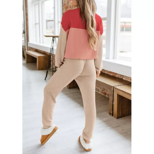 PRETTYGARDEN Lounge Sets for Women Fall 2024 Matching Sets 2 Piece Outfit Long Sleeve Ribbed Color Block SweatsuitsRed Beige