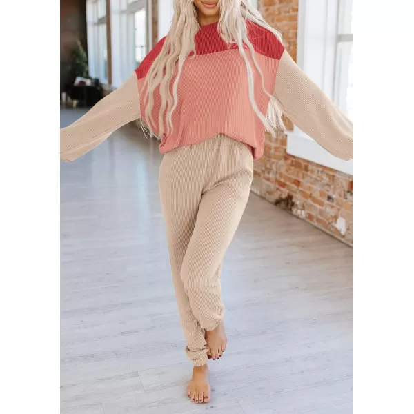 PRETTYGARDEN Lounge Sets for Women Fall 2024 Matching Sets 2 Piece Outfit Long Sleeve Ribbed Color Block SweatsuitsRed Beige