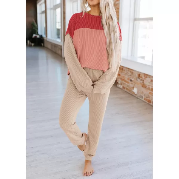 PRETTYGARDEN Lounge Sets for Women Fall 2024 Matching Sets 2 Piece Outfit Long Sleeve Ribbed Color Block SweatsuitsRed Beige
