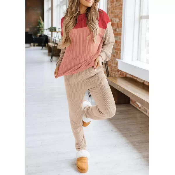 PRETTYGARDEN Lounge Sets for Women Fall 2024 Matching Sets 2 Piece Outfit Long Sleeve Ribbed Color Block SweatsuitsRed Beige