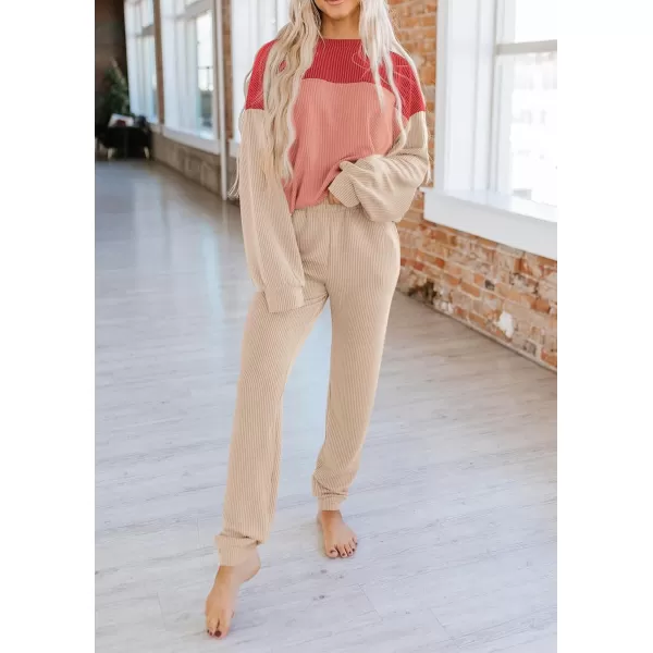 PRETTYGARDEN Lounge Sets for Women Fall 2024 Matching Sets 2 Piece Outfit Long Sleeve Ribbed Color Block SweatsuitsRed Beige