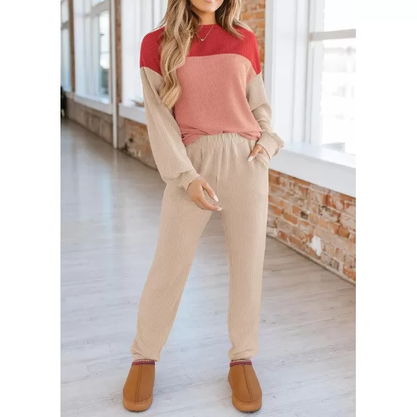 PRETTYGARDEN Lounge Sets for Women Fall 2024 Matching Sets 2 Piece Outfit Long Sleeve Ribbed Color Block SweatsuitsRed Beige