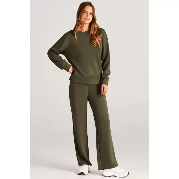 PRETTYGARDEN Womens 2 Piece Outfits 2024 Fall Long Sleeve Pullover Tops And Long Pants Lounge Sets TracksuitArmy Green