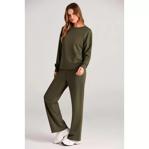 PRETTYGARDEN Womens 2 Piece Outfits 2024 Fall Long Sleeve Pullover Tops And Long Pants Lounge Sets TracksuitArmy Green