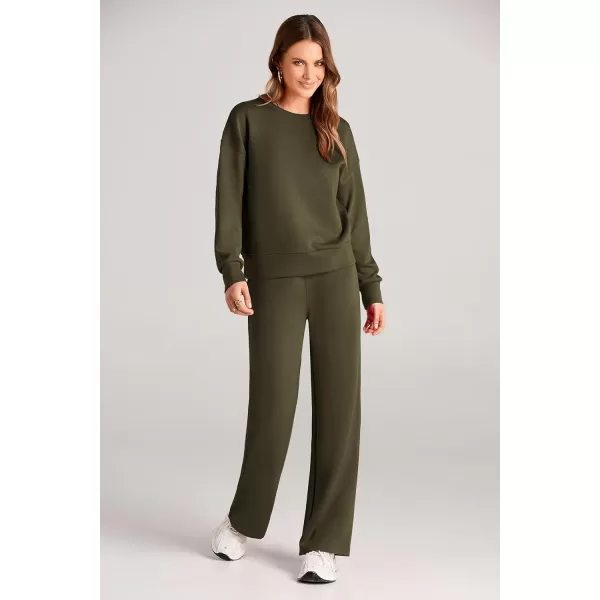 PRETTYGARDEN Womens 2 Piece Outfits 2024 Fall Long Sleeve Pullover Tops And Long Pants Lounge Sets TracksuitArmy Green