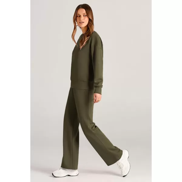 PRETTYGARDEN Womens 2 Piece Outfits 2024 Fall Long Sleeve Pullover Tops And Long Pants Lounge Sets TracksuitArmy Green