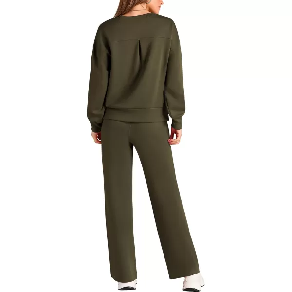 PRETTYGARDEN Womens 2 Piece Outfits 2024 Fall Long Sleeve Pullover Tops And Long Pants Lounge Sets TracksuitArmy Green