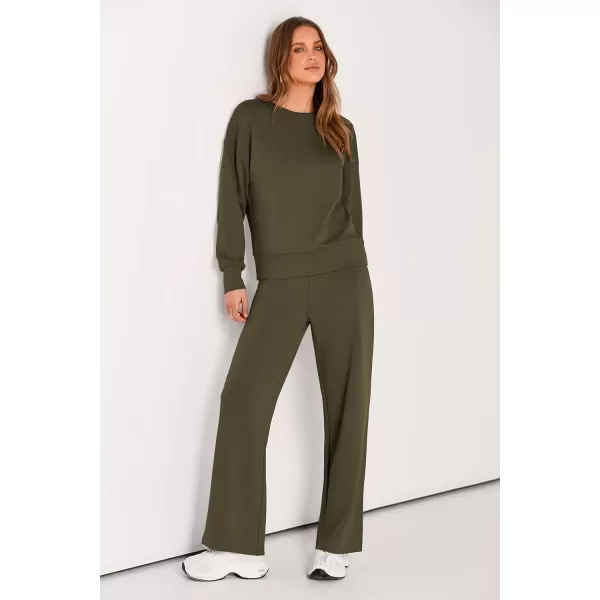 PRETTYGARDEN Womens 2 Piece Outfits 2024 Fall Long Sleeve Pullover Tops And Long Pants Lounge Sets TracksuitArmy Green