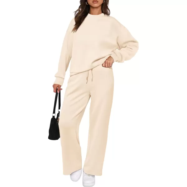 PRETTYGARDEN Womens 2 Piece Outfits 2024 Fall Long Sleeve Pullover Tops And Long Pants Lounge Sets TracksuitBeige