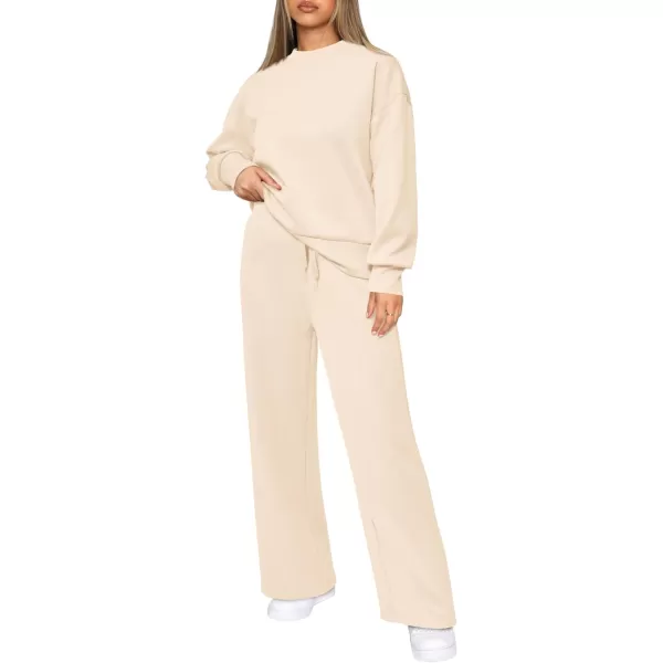 PRETTYGARDEN Womens 2 Piece Outfits 2024 Fall Long Sleeve Pullover Tops And Long Pants Lounge Sets TracksuitBeige