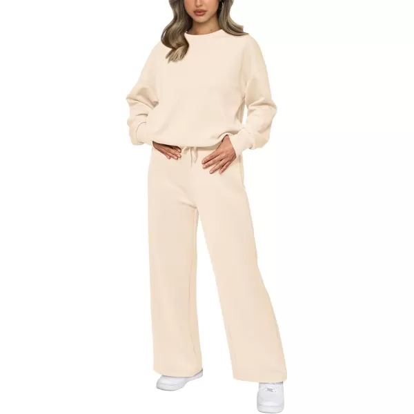 PRETTYGARDEN Womens 2 Piece Outfits 2024 Fall Long Sleeve Pullover Tops And Long Pants Lounge Sets TracksuitBeige