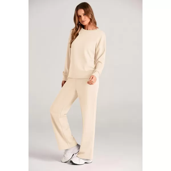 PRETTYGARDEN Womens 2 Piece Outfits 2024 Fall Long Sleeve Pullover Tops And Long Pants Lounge Sets TracksuitBeige