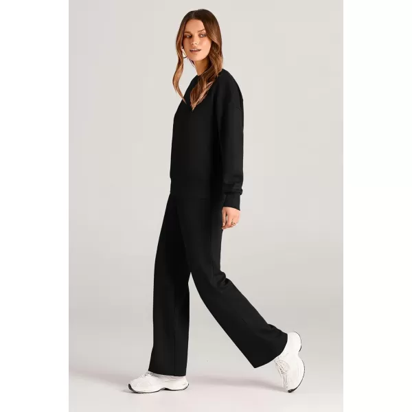 PRETTYGARDEN Womens 2 Piece Outfits 2024 Fall Long Sleeve Pullover Tops And Long Pants Lounge Sets TracksuitBlack