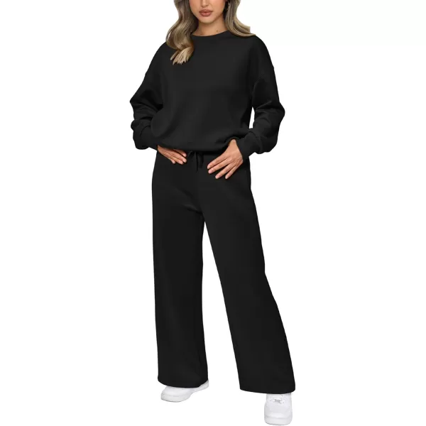 PRETTYGARDEN Womens 2 Piece Outfits 2024 Fall Long Sleeve Pullover Tops And Long Pants Lounge Sets TracksuitBlack