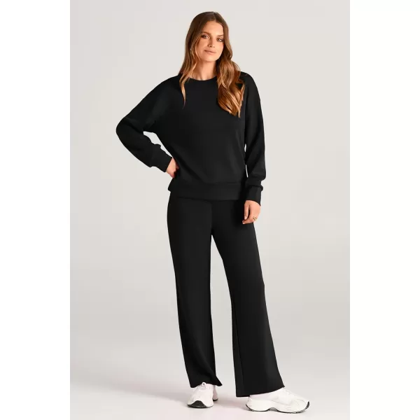 PRETTYGARDEN Womens 2 Piece Outfits 2024 Fall Long Sleeve Pullover Tops And Long Pants Lounge Sets TracksuitBlack