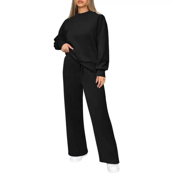 PRETTYGARDEN Womens 2 Piece Outfits 2024 Fall Long Sleeve Pullover Tops And Long Pants Lounge Sets TracksuitBlack