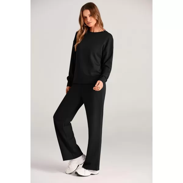 PRETTYGARDEN Womens 2 Piece Outfits 2024 Fall Long Sleeve Pullover Tops And Long Pants Lounge Sets TracksuitBlack
