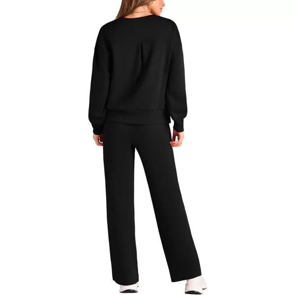 PRETTYGARDEN Womens 2 Piece Outfits 2024 Fall Long Sleeve Pullover Tops And Long Pants Lounge Sets TracksuitBlack