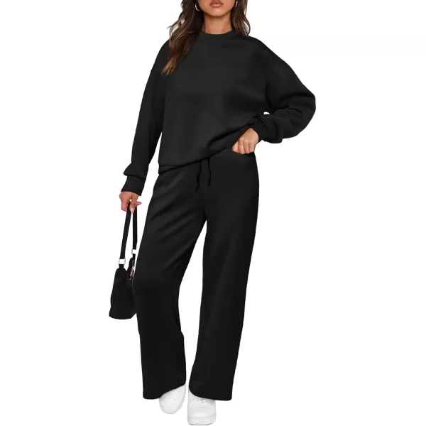 PRETTYGARDEN Womens 2 Piece Outfits 2024 Fall Long Sleeve Pullover Tops And Long Pants Lounge Sets TracksuitBlack
