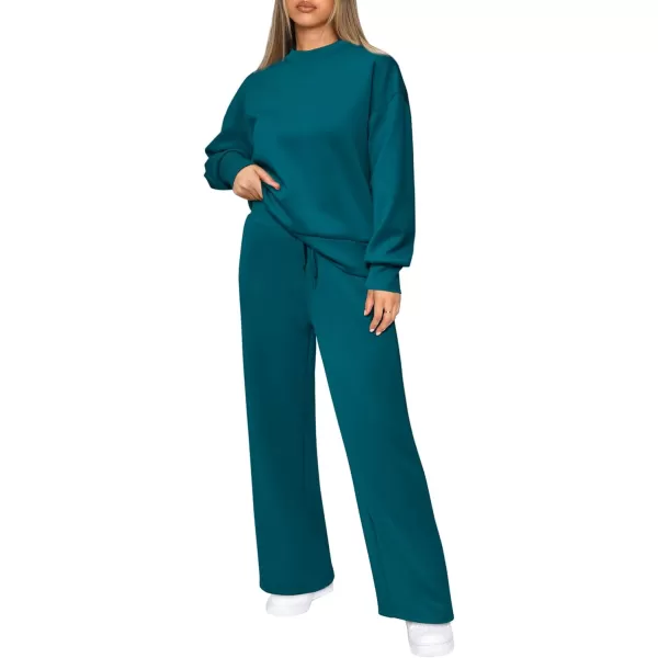 PRETTYGARDEN Womens 2 Piece Outfits 2024 Fall Long Sleeve Pullover Tops And Long Pants Lounge Sets TracksuitBlue Green
