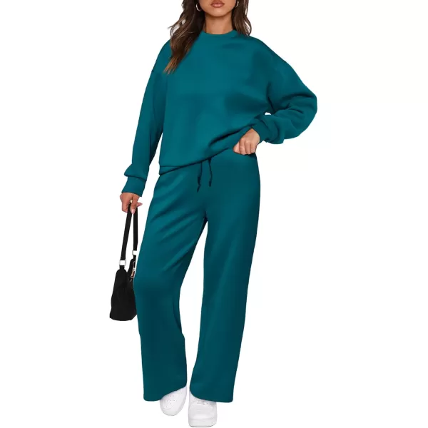 PRETTYGARDEN Womens 2 Piece Outfits 2024 Fall Long Sleeve Pullover Tops And Long Pants Lounge Sets TracksuitBlue Green