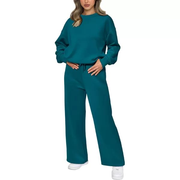 PRETTYGARDEN Womens 2 Piece Outfits 2024 Fall Long Sleeve Pullover Tops And Long Pants Lounge Sets TracksuitBlue Green