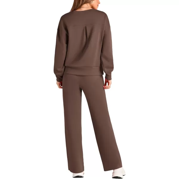 PRETTYGARDEN Womens 2 Piece Outfits 2024 Fall Long Sleeve Pullover Tops And Long Pants Lounge Sets TracksuitBrown