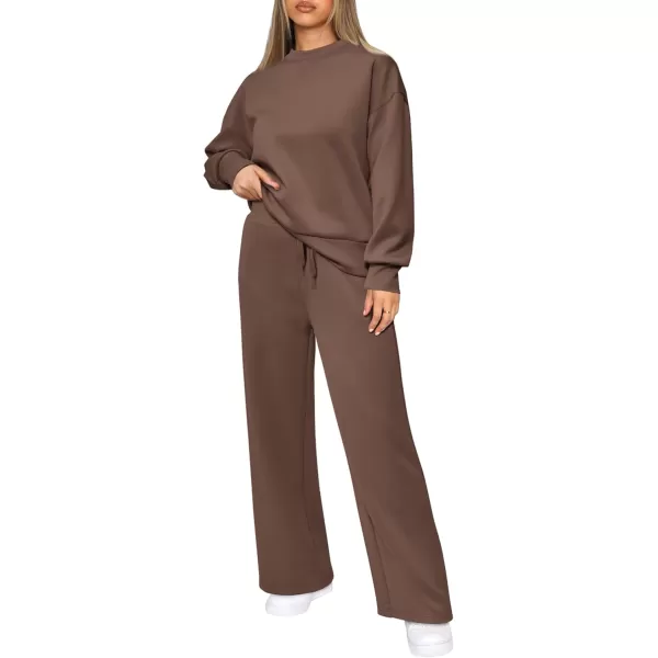 PRETTYGARDEN Womens 2 Piece Outfits 2024 Fall Long Sleeve Pullover Tops And Long Pants Lounge Sets TracksuitBrown
