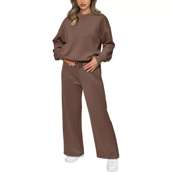 PRETTYGARDEN Womens 2 Piece Outfits 2024 Fall Long Sleeve Pullover Tops And Long Pants Lounge Sets TracksuitBrown