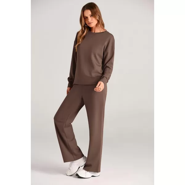 PRETTYGARDEN Womens 2 Piece Outfits 2024 Fall Long Sleeve Pullover Tops And Long Pants Lounge Sets TracksuitBrown