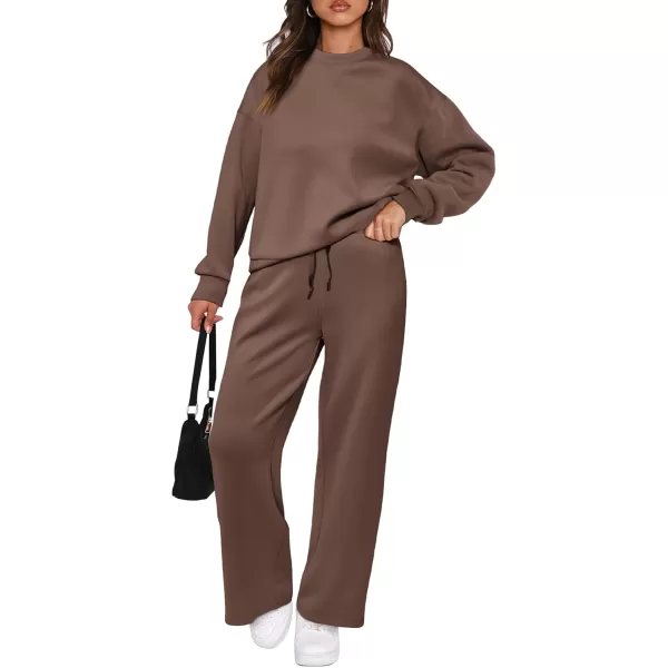 PRETTYGARDEN Womens 2 Piece Outfits 2024 Fall Long Sleeve Pullover Tops And Long Pants Lounge Sets TracksuitBrown