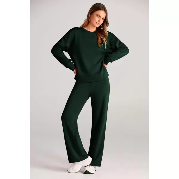PRETTYGARDEN Womens 2 Piece Outfits 2024 Fall Long Sleeve Pullover Tops And Long Pants Lounge Sets TracksuitDark Green