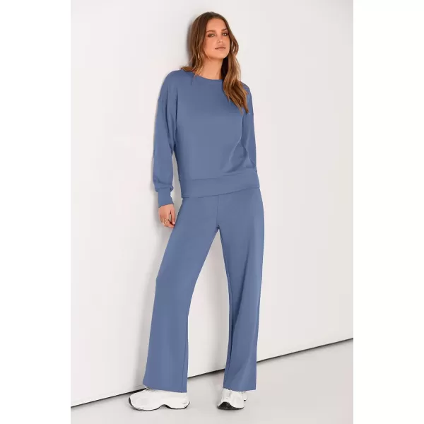 PRETTYGARDEN Womens 2 Piece Outfits 2024 Fall Long Sleeve Pullover Tops And Long Pants Lounge Sets TracksuitGrey Blue