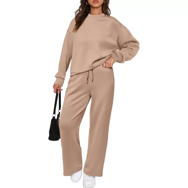 PRETTYGARDEN Womens 2 Piece Outfits 2024 Fall Long Sleeve Pullover Tops And Long Pants Lounge Sets TracksuitKhaki