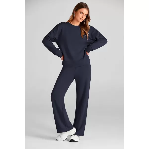 PRETTYGARDEN Womens 2 Piece Outfits 2024 Fall Long Sleeve Pullover Tops And Long Pants Lounge Sets TracksuitNavy