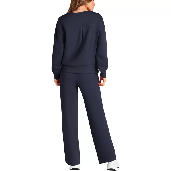 PRETTYGARDEN Womens 2 Piece Outfits 2024 Fall Long Sleeve Pullover Tops And Long Pants Lounge Sets TracksuitNavy